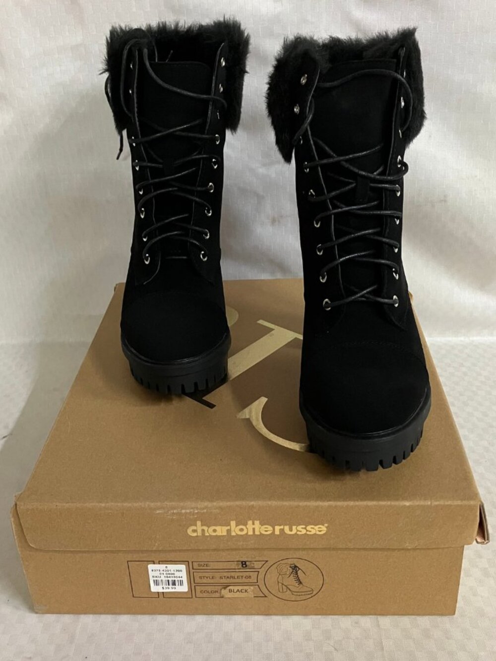 Charlotte Russe Starlet-08 Heeled Boots Women's Size 8 Black Faux Fur Lace Up - Picture 2 of 6